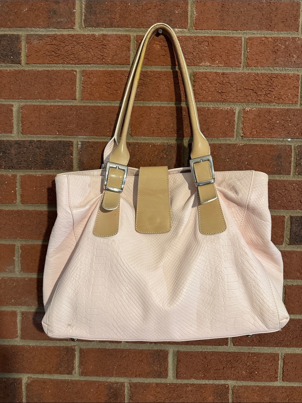 I Santi Italian Leather Soft Blush Tote with Tan Strap Details